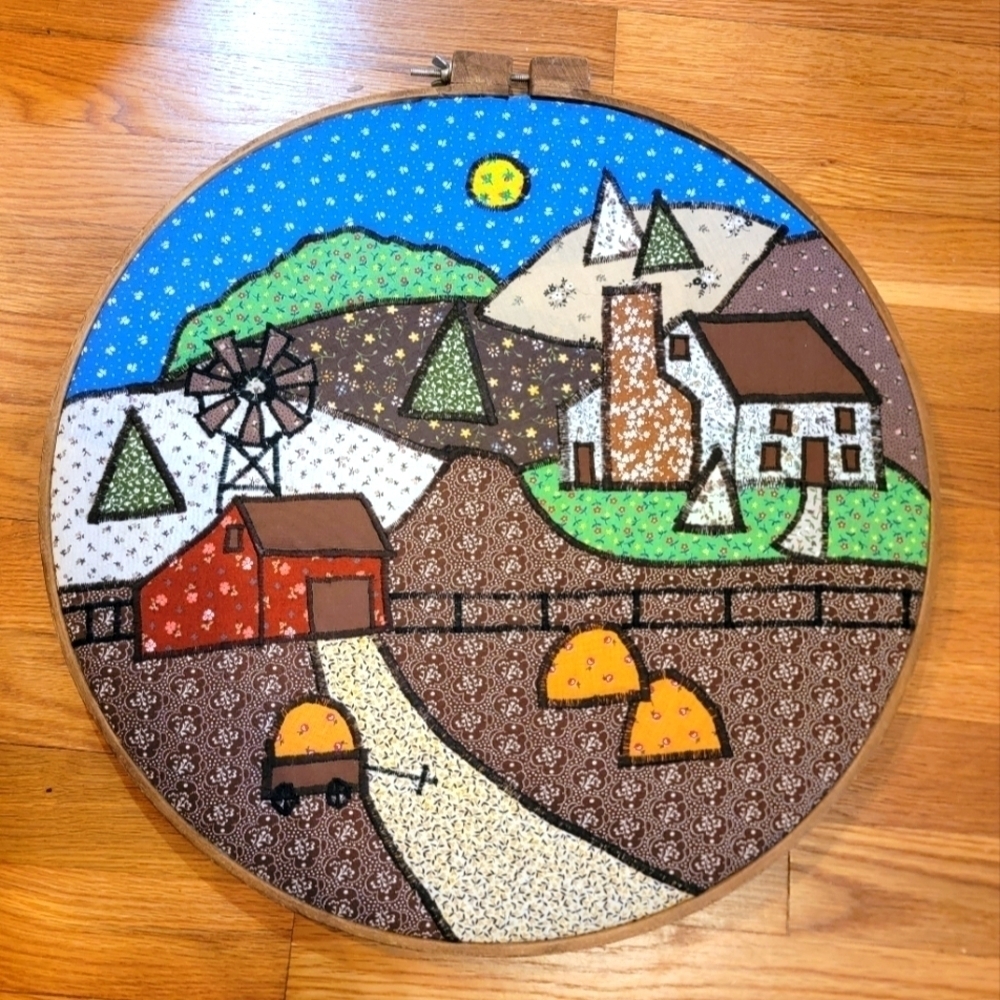 Vtg 18" Applique Wooden Embroidery Hoop Primitive Country Farmhouse Windmill